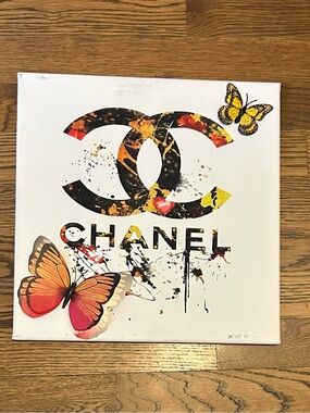 Designer White Canvas Logo Art with Orange and Yellow 3D Butterflies-xoxoE 0058